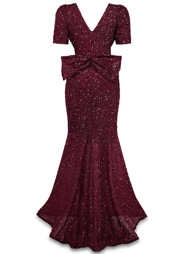 Wine Red 1930s Sequin Bow Maxi Mermaid Dress