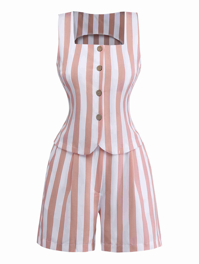 2pcs Khaki 1960s Striped Square Neck Sleeveless Vest & Shorts
