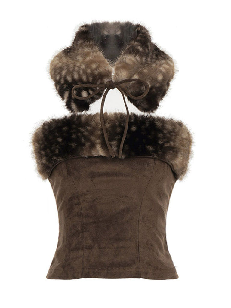 Brown 1980s Deer Faux Fur-Trimmed Crop Top