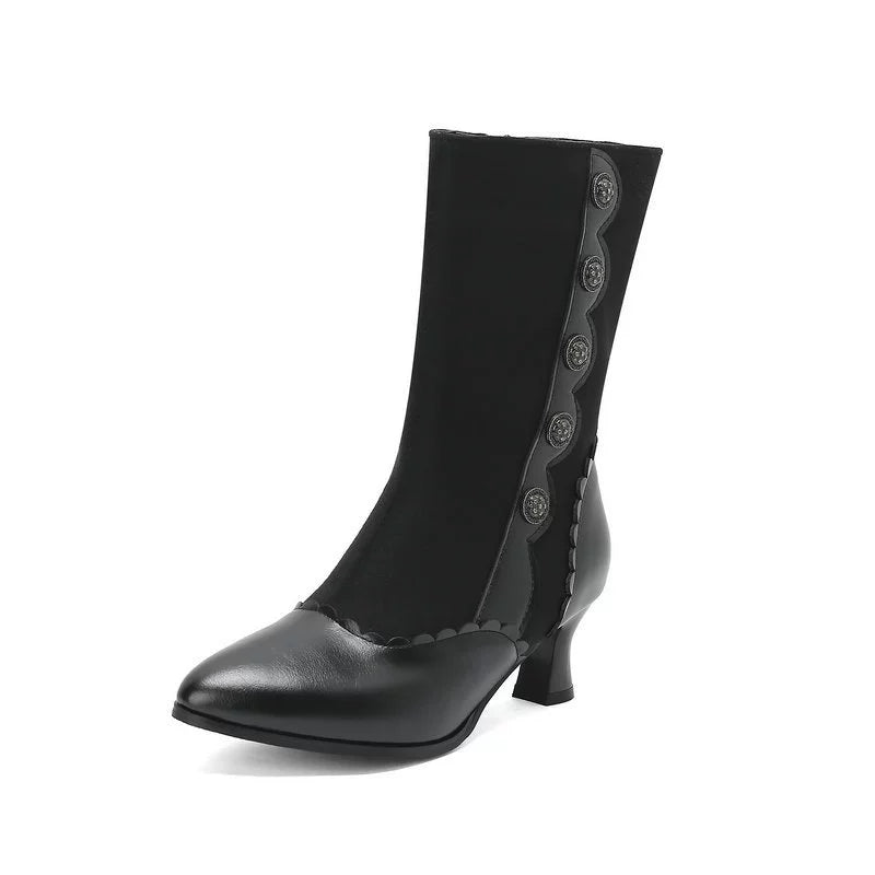 Vintage Leather Suede Button Mid Calf Boots