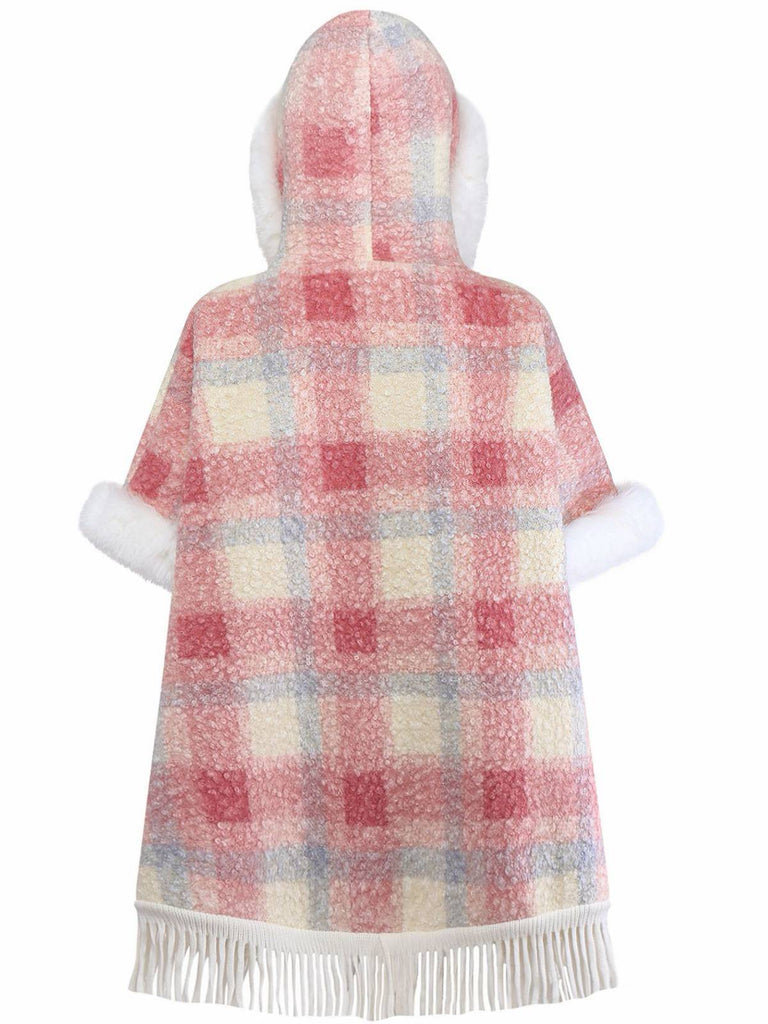 Pink 1930s Plaid Flannelette Fringed Hem Hooded Coat