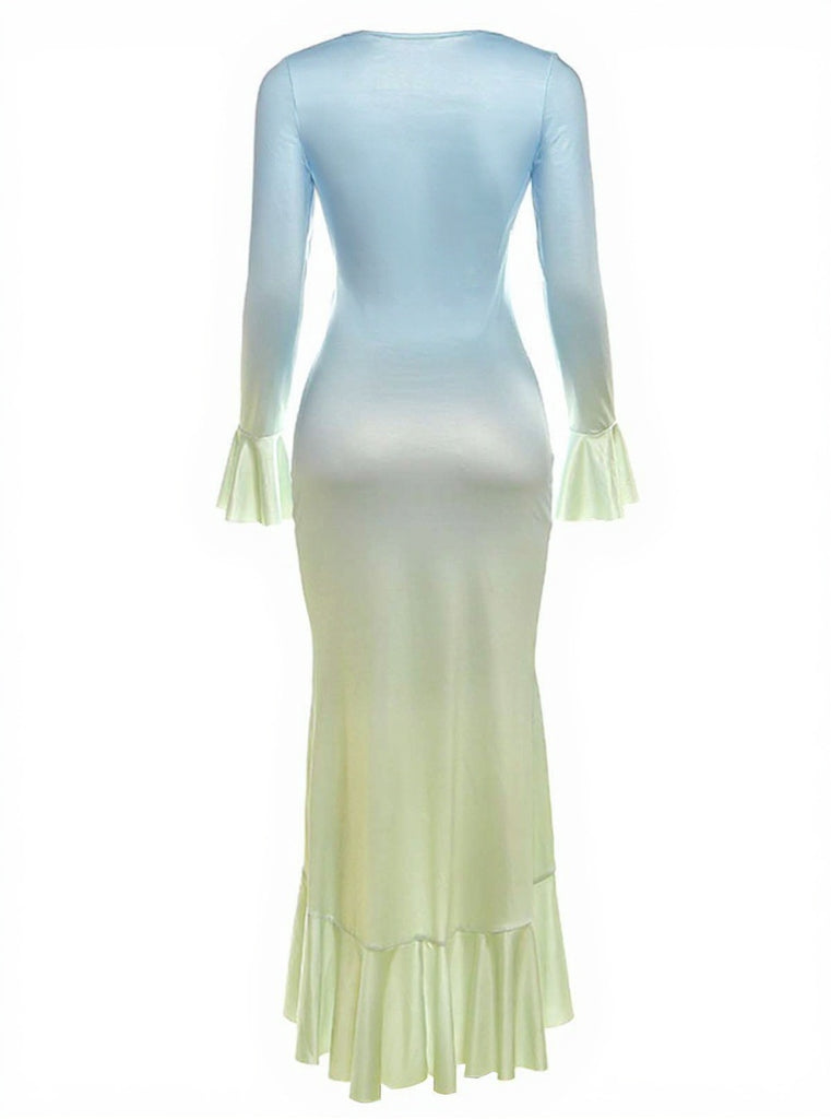 Ombre 1980s Ruched Ruffle-Hem Long-Sleeve Maxi Dress