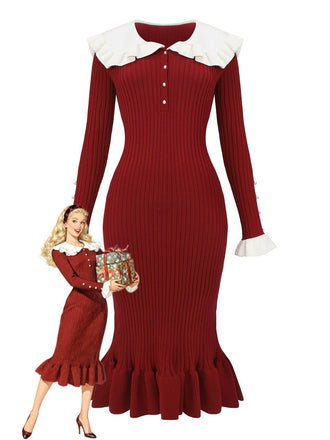 1980s Ribbed Ruffled Collar Midi Dress