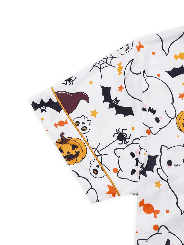 Black 1950s Halloween Print Notched Collar Pajama Set