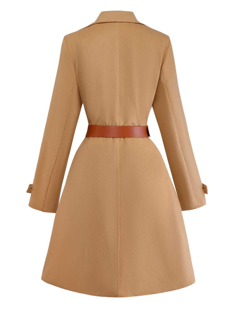 Khaki 1940s Lapel Double-Breasted Belted Coat