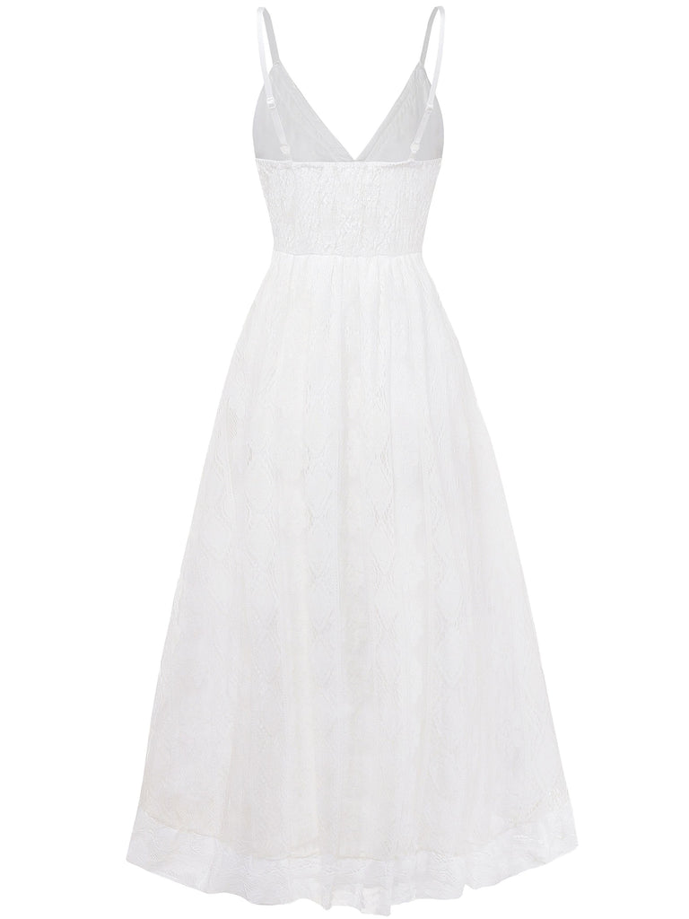 White 1970s V-Neck Boho Lace Maxi Dress