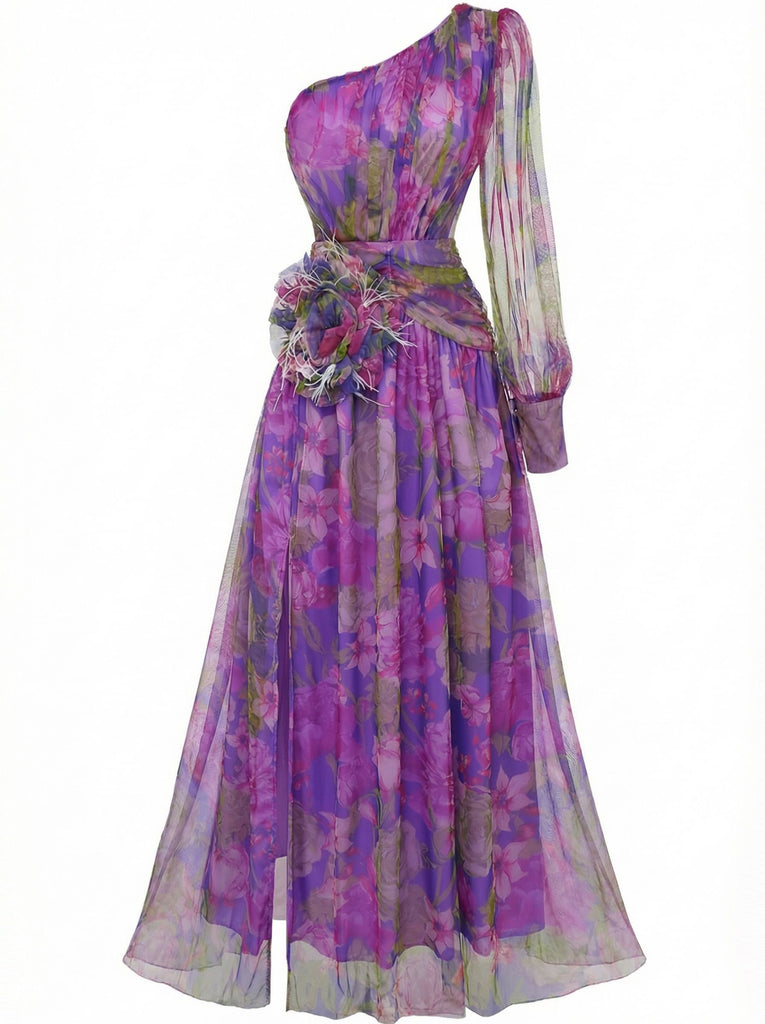 Purple 1930s Mesh One-Shoulder 3D Floral Evening Dress