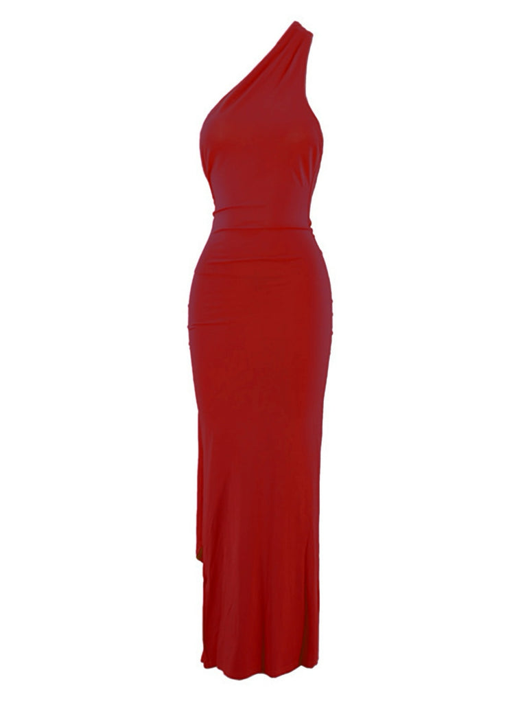 1980s Solid One-Shoulder Evening Backless Dress with Train