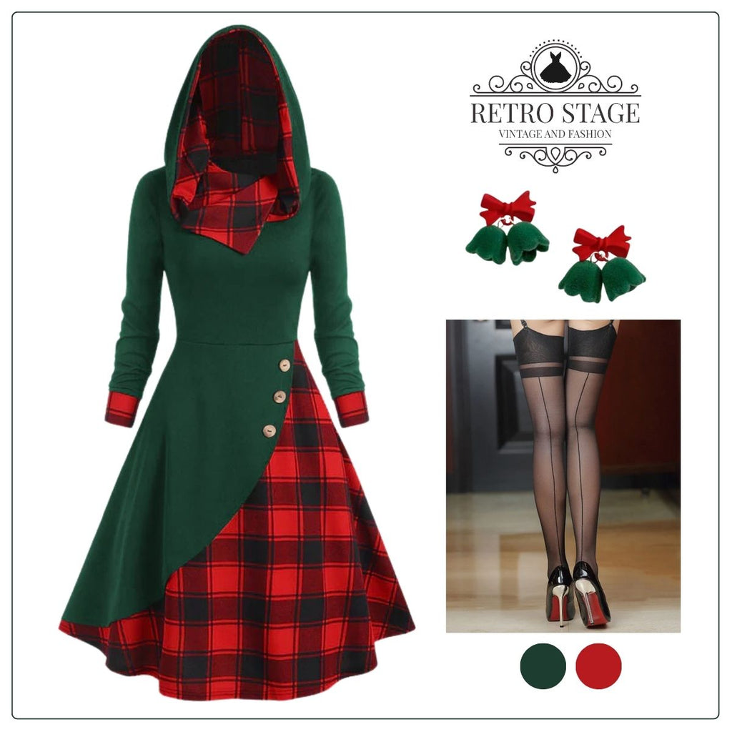 Green&Red 1950s Christmas Plaids Hooded Dress