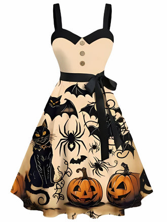 Orange 1950s Halloween Pumpkin Cat Bat Print Swing Dress