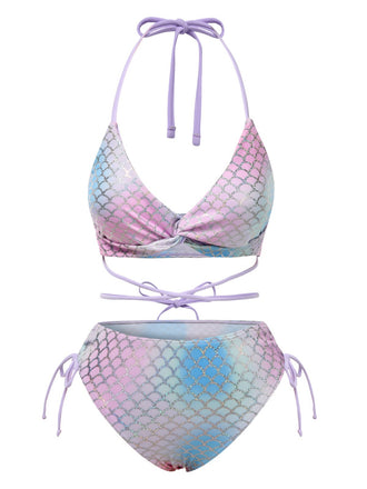 Multicolor 1970s Mermaid Scales Halter Lace-Up Bikini Set