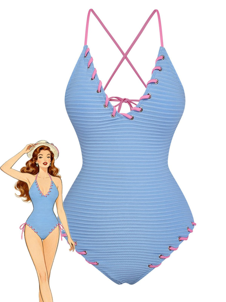 Light Blue 1950s Stripe Lace-Up Ruched One-Piece Swimsuit