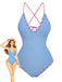 Light Blue 1950s Stripe Lace-Up Ruched One-Piece Swimsuit