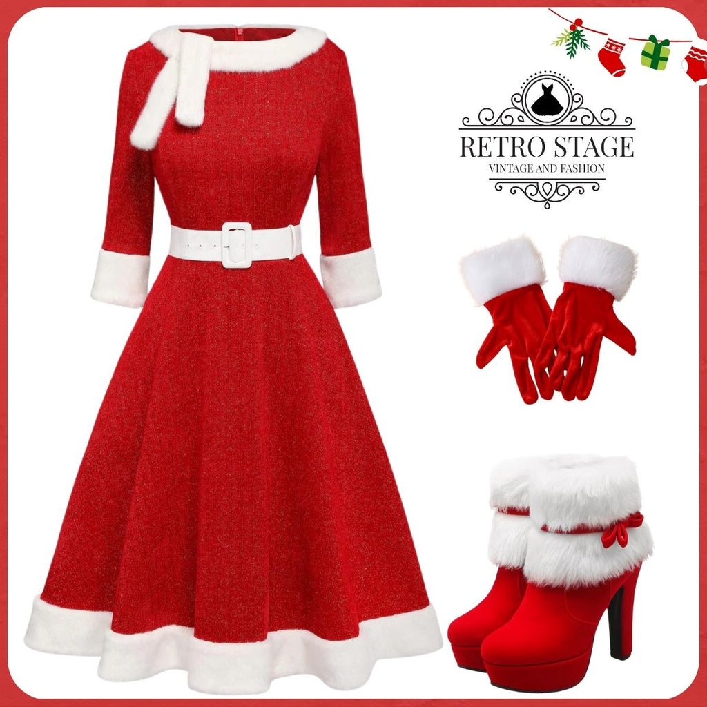Red 1950s Solid Plush Christmas Dress