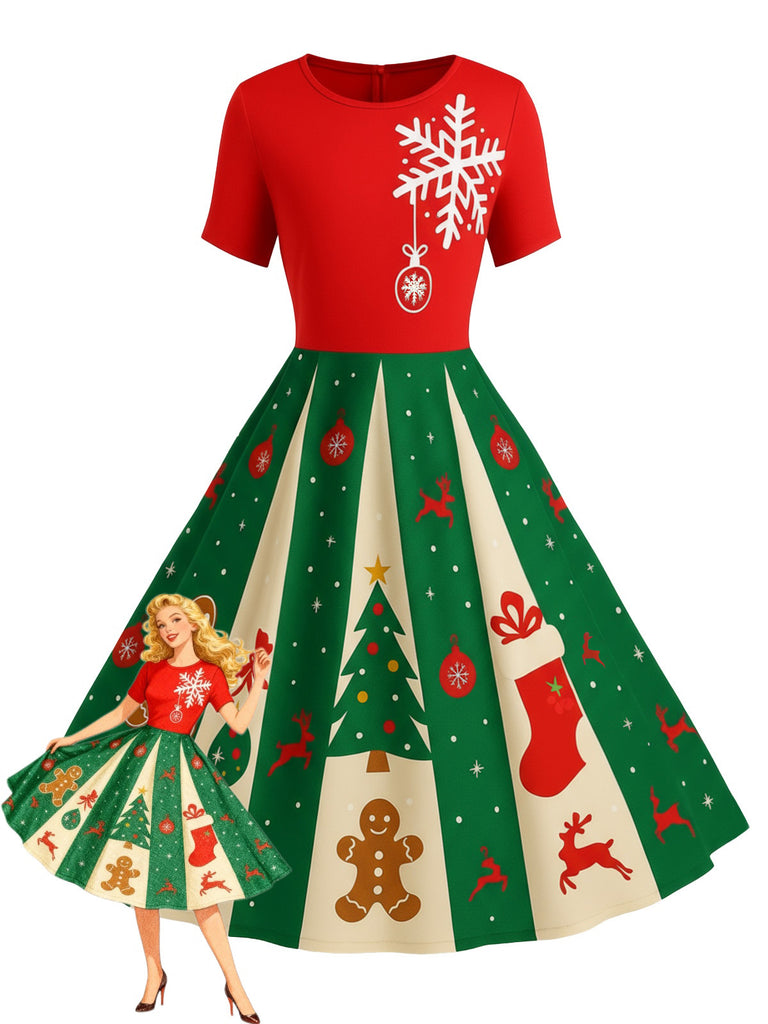 Red & Green 1950s Christmas Snowflake Swing Dress