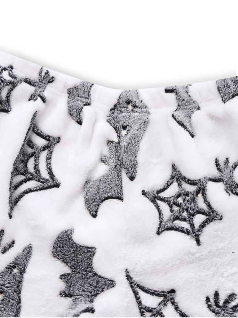 2PCS White 1970s Glowing Halloween Spider Flannel Pajama Set