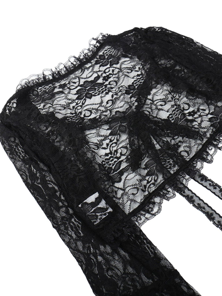 Black 1930s Halloween Lace Flare Sleeve Top