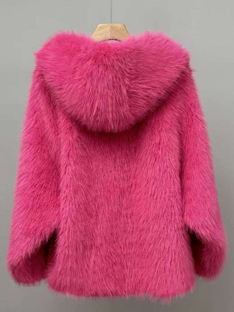 1930s Faux Fur Hooded Lapel Solid Coat