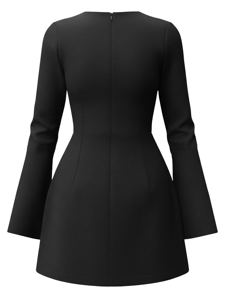 1960s Long Sleeve Faux Pockets Solid Dress