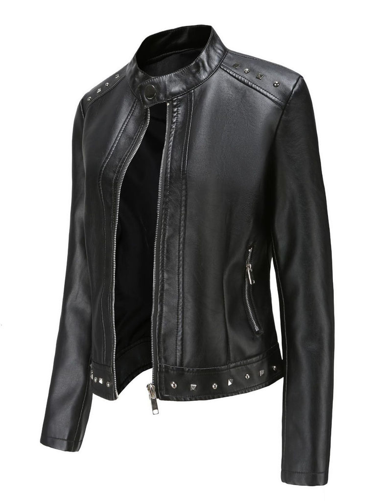1940s Solid Studded Stand Collar Leather Jacket