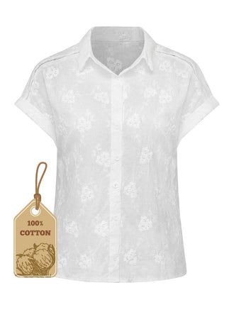 White 1950s Cotton Embroidery Flower Lapel Blouse