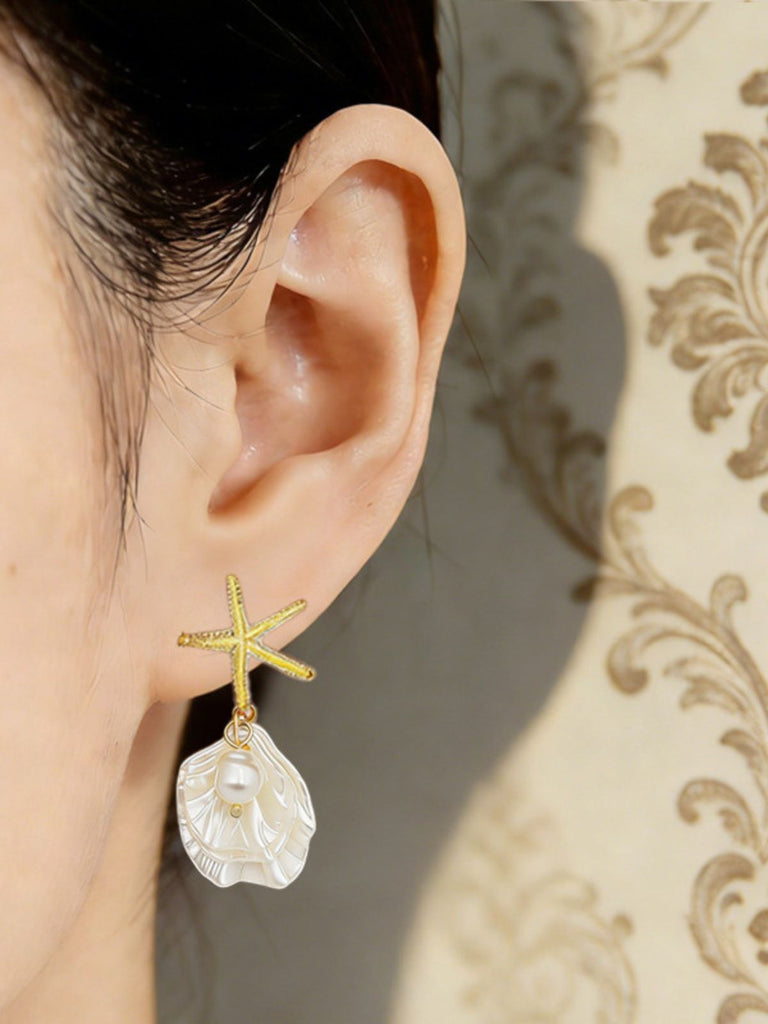 Gold Starfish Shell Pearl Drop Earrings