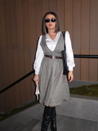 2PCS Grey 1940s V-Neck Plaid Dress & Satin Blouse