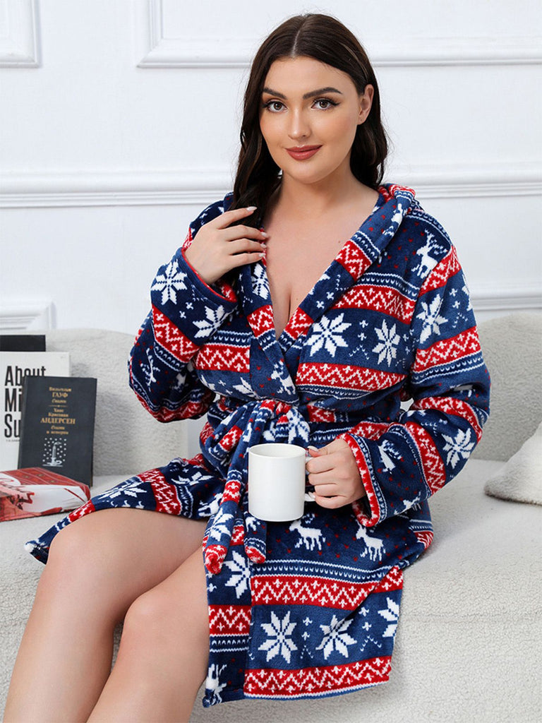 [Plus Size] 1950s Winter Print Plush Hooded Robe