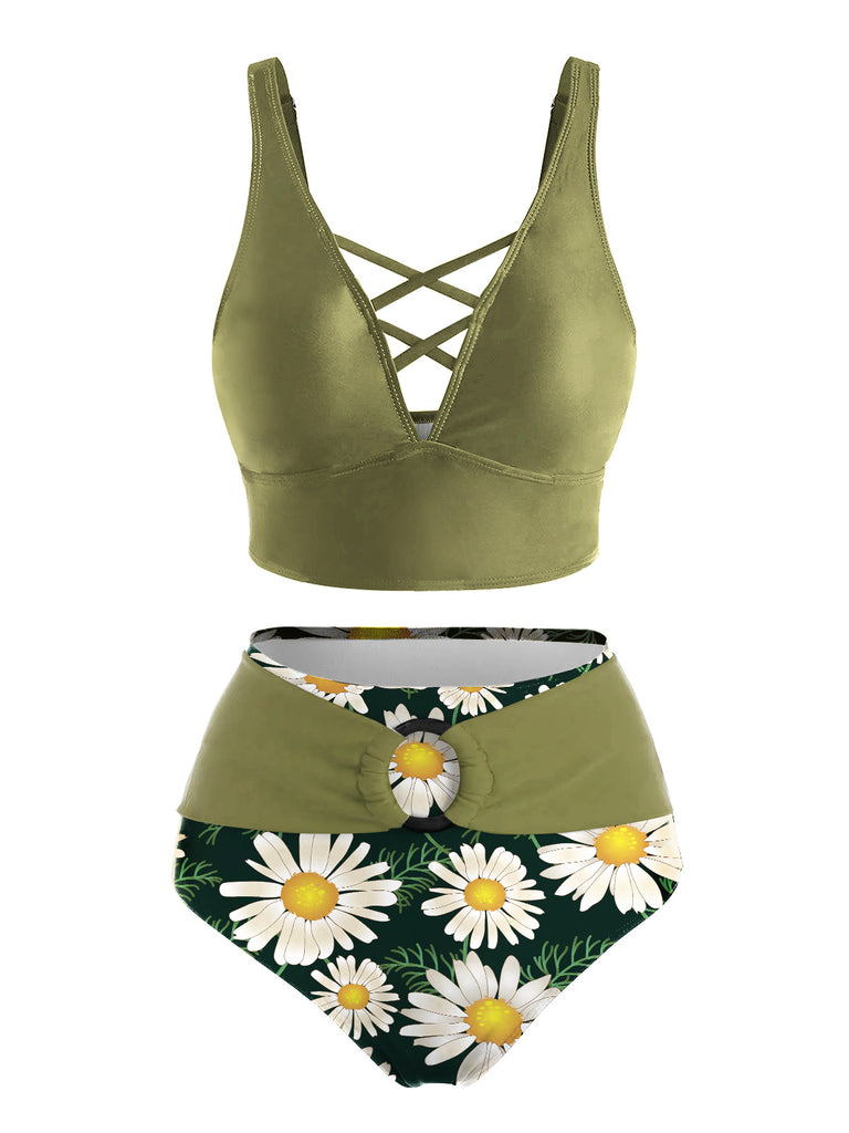 [Pre-Sale] Green 1950s V-Neck Daisy Swimsuit
