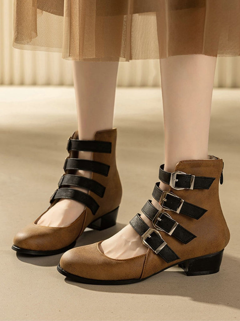 Round Toe Low Chunky Heel Cut-Out Boots