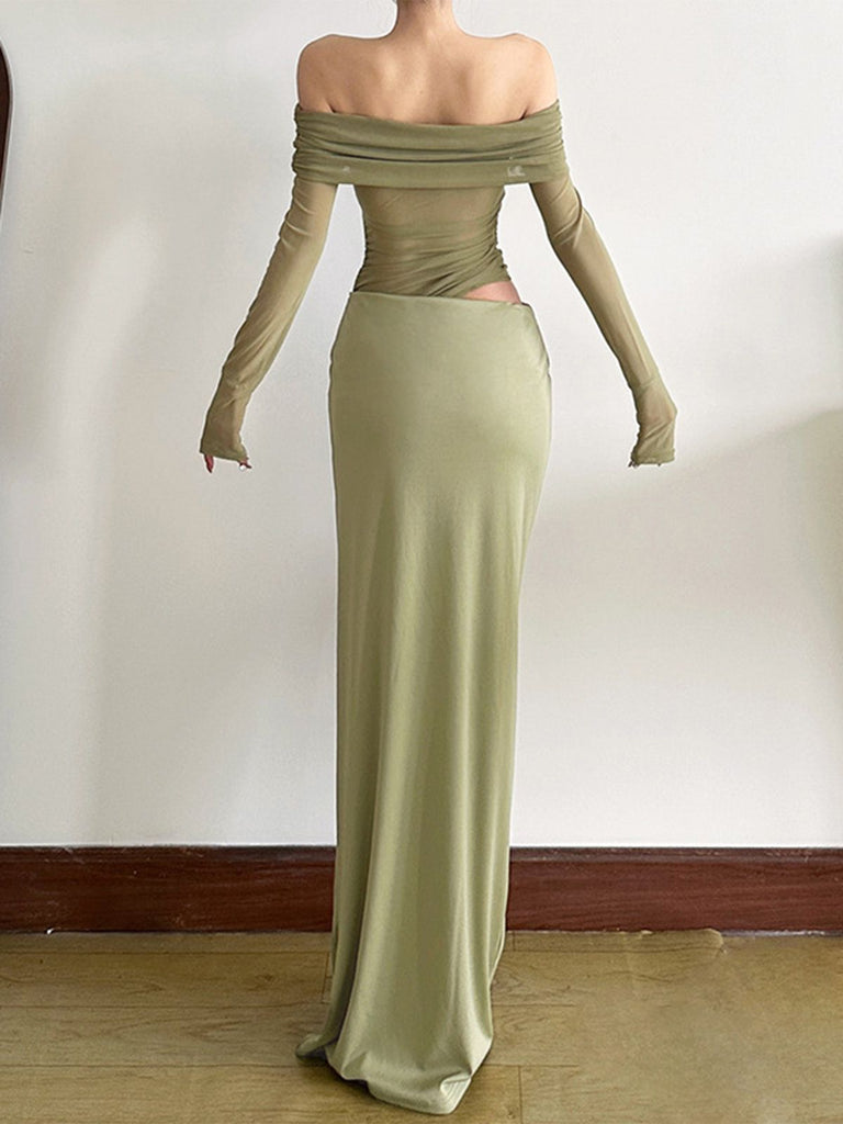 1980s Solid Off-Shoulder Mesh Cut-Out Sheer Dress