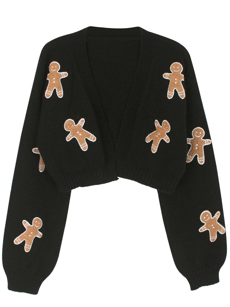 Brown 1960s Christmas Gingerbread Cropped Sweater Cardigan