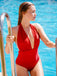 Red 1930s Retro Halter Solid One-piece Swimsuit