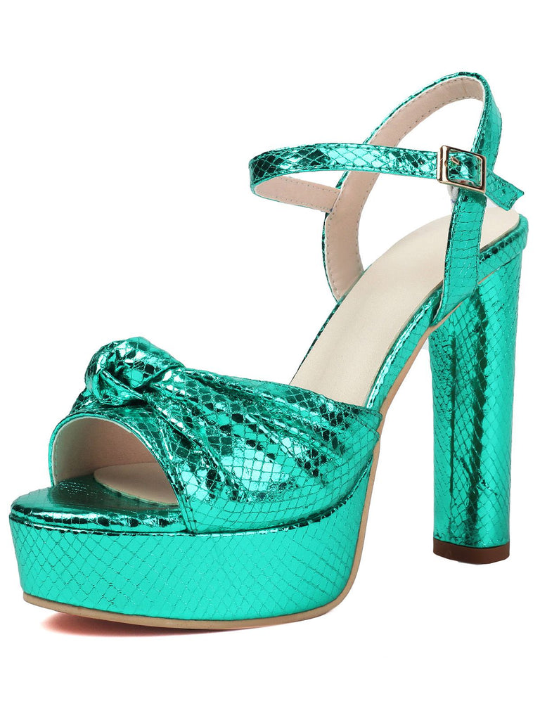 Metallic Snake Print Chunky High Heel Sandals
