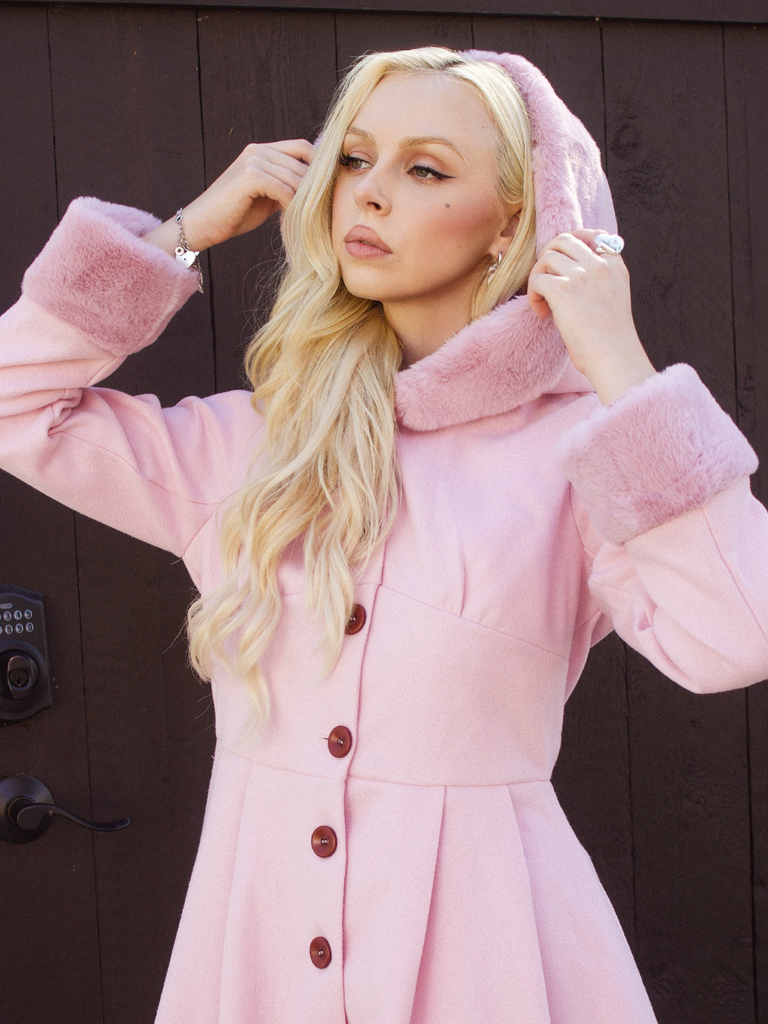 Pink 1950s Faux-Wool Hooded Button Coat