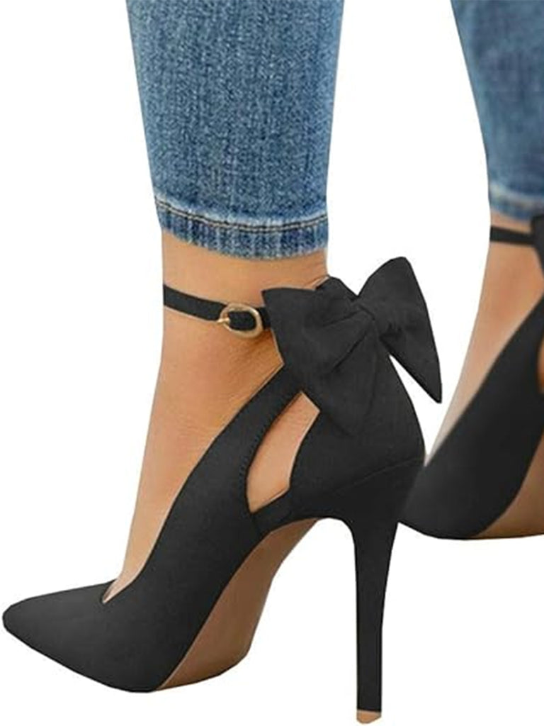 Suede Bow Ankle Strap Pointed Toe High Heel Shoes