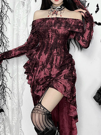 Dark Red 1980s Off Shoulder Distressed Dress