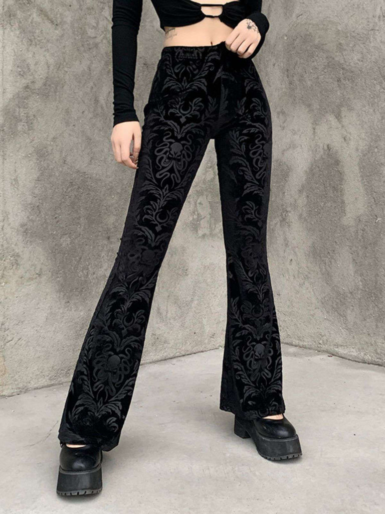Black 1980s Punk Vine Print Velvet Bootcut Pants