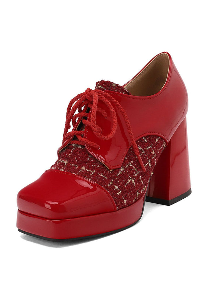 Mary Jane Plaid Square Toe Block Heel Shoes