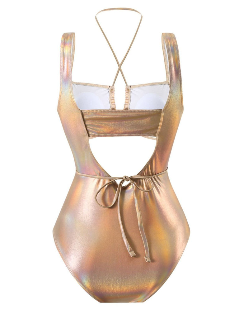 1970s Halter Cut-Out Metallic One-Piece Swimsuit