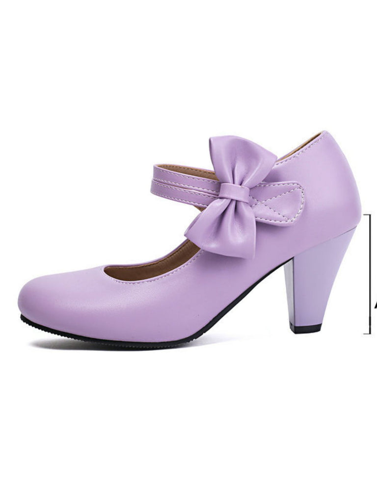 Vintage Bow Strap Solid Leather High Heel Shoes