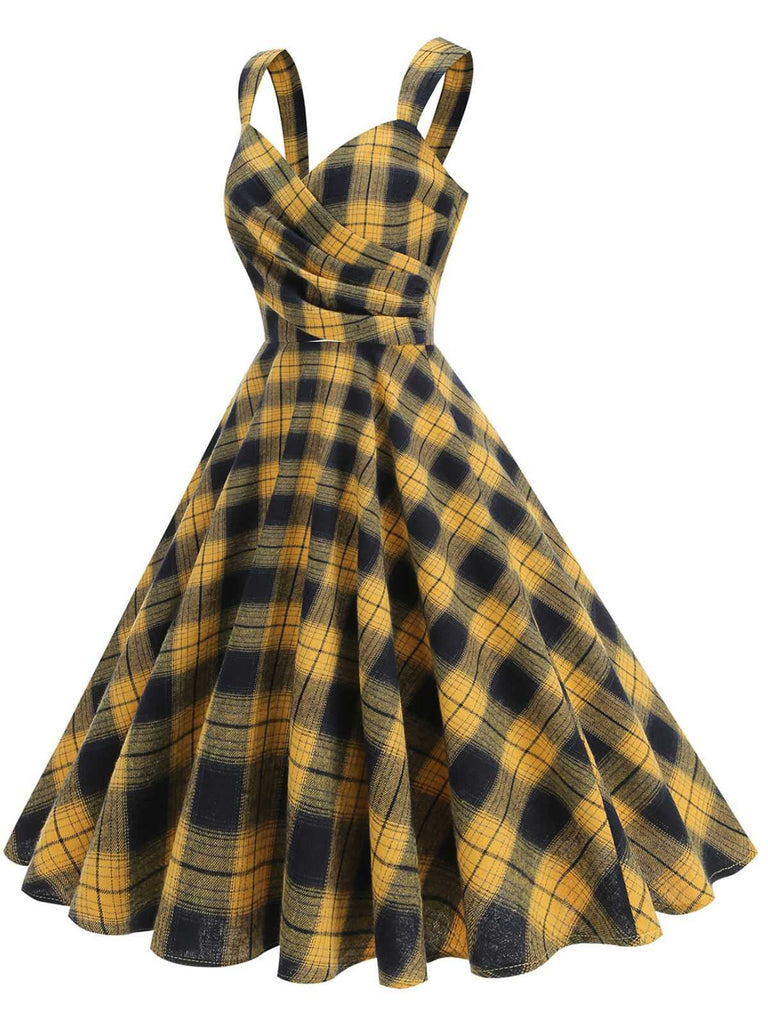 1950s Slip V-Neck Plaid Swing Dress