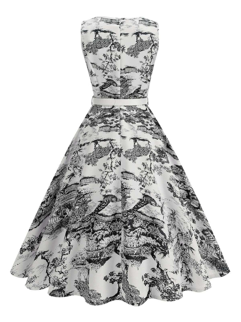 1950s Porcelain Landscape Sleeveless Belted Dress