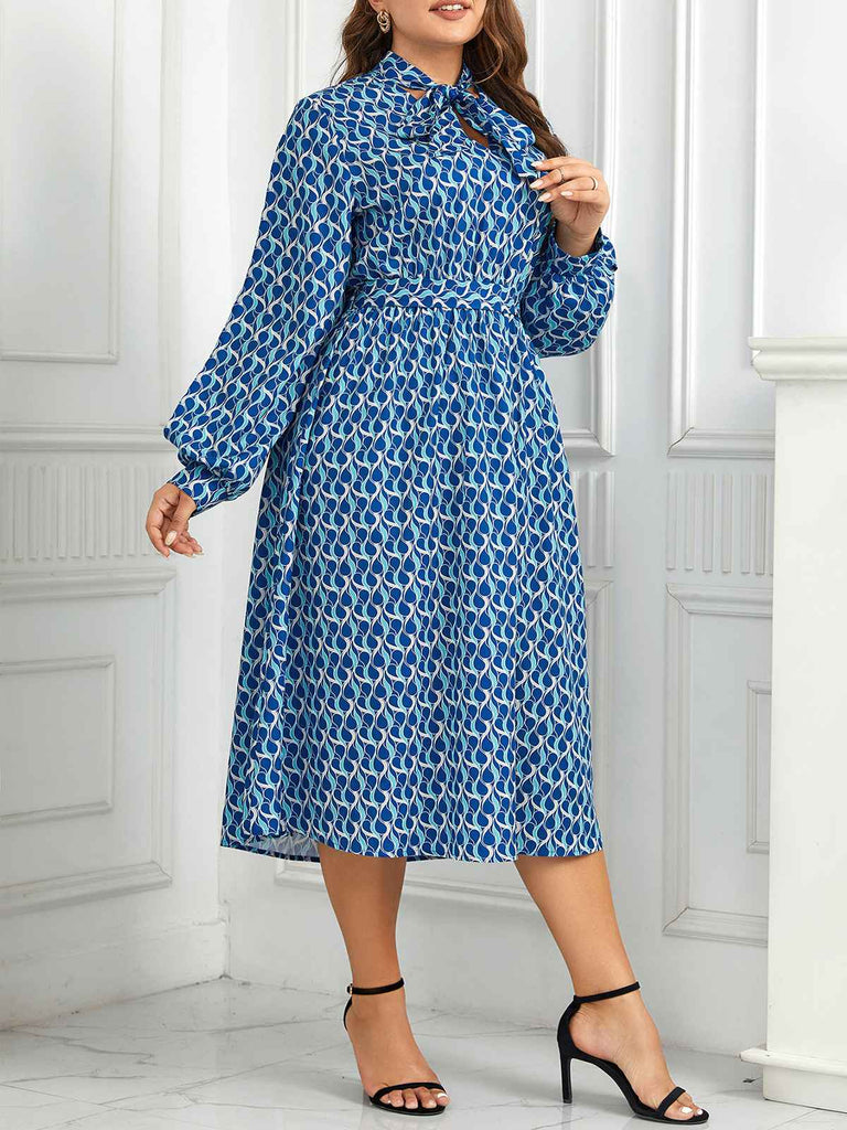 [Plus Size] Blue 1940s Lace Up Puff Sleeve Dress