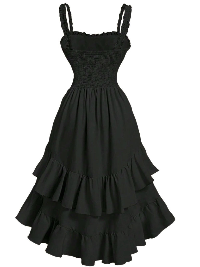 1950s Suspender Ruched Tiered Ruffle Hem Dress