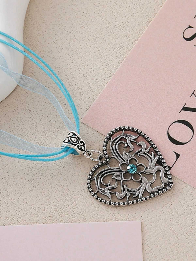 Vintage Ribbon Heart Flower Necklace