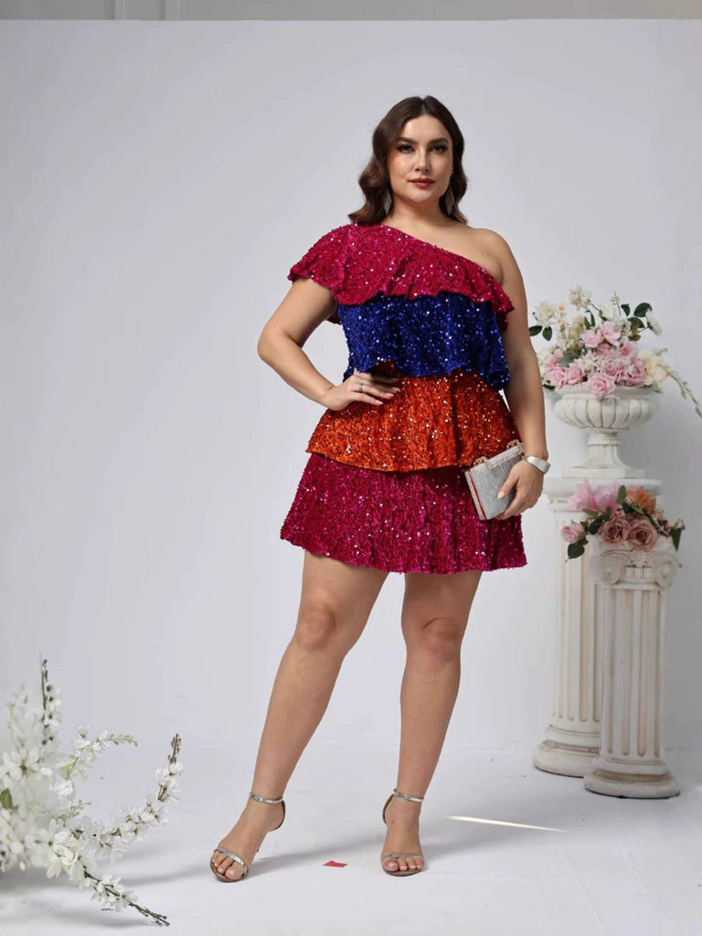 [Plus Size] 1970s One-Shoulder Sequin Tiered Dress