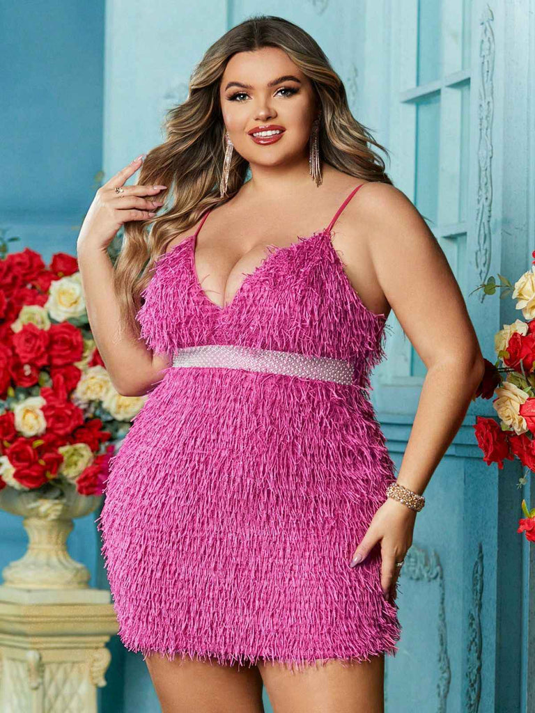 [Plus Size] Rose Pink 1980s Fringed Spaghetti Strap Bodycon Dress