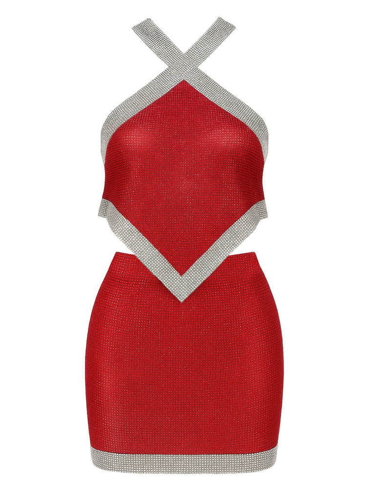 2PCS 1980s Metallic Cross Neck Top & Skirt