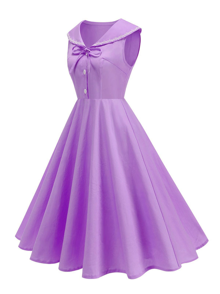 1950s Sailor Collar Bow-Tie Solid Sleeveless Dress